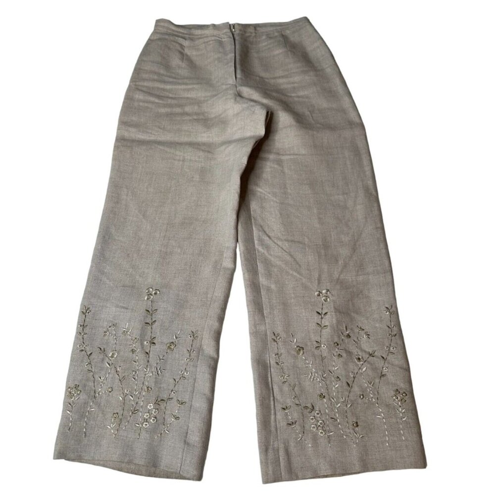 Rafaella Petites Womens Suit Beige Linen Embroidered Collared Button Classy 4P - Picture 2 of 11